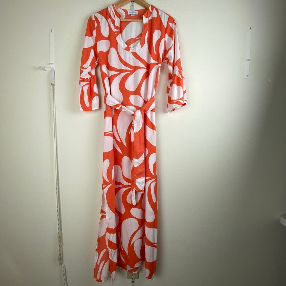 Escapada Coral Floral Belted Maxi Dress M Flutter Sleeve Rayon - Picture 4 of 11